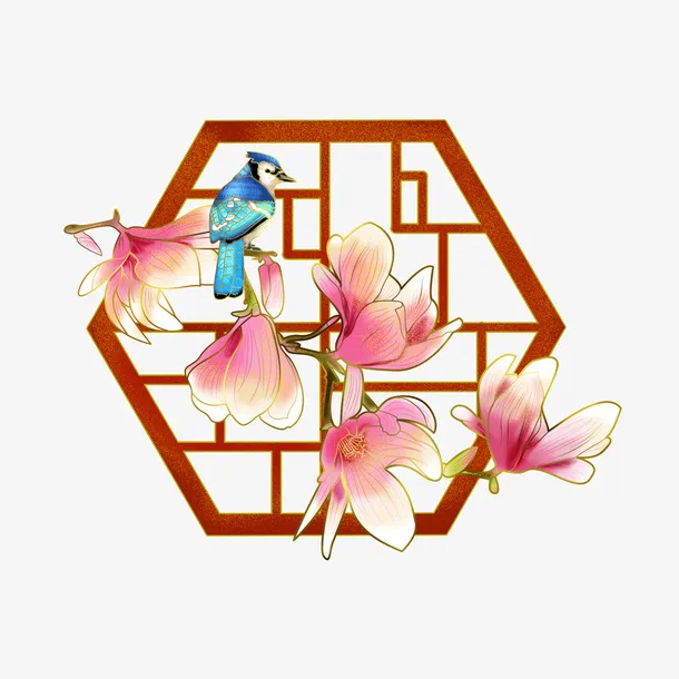 手绘国潮花鸟鲜花设计元素免抠