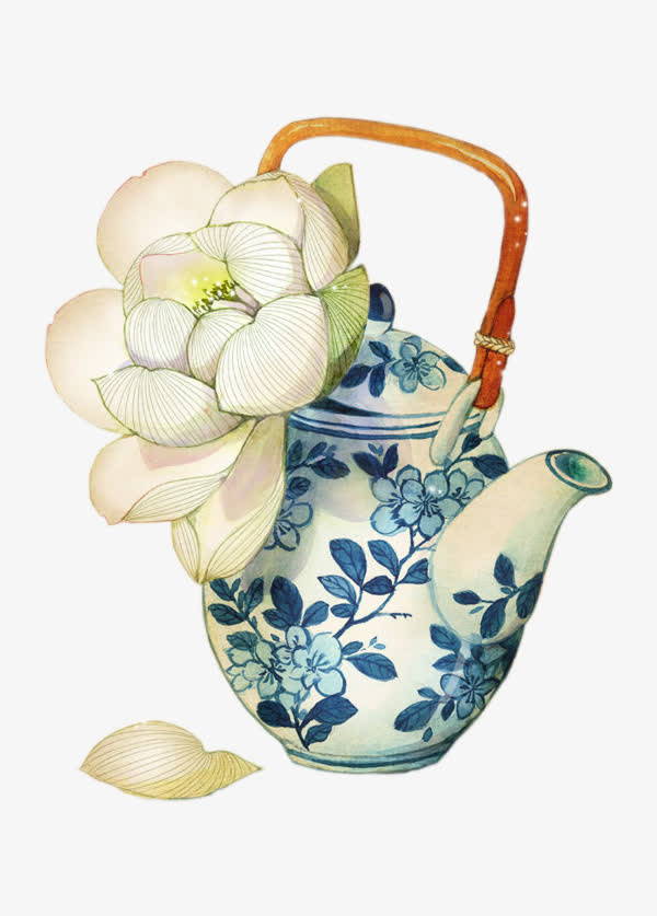手绘青花瓷水彩茶壶免抠