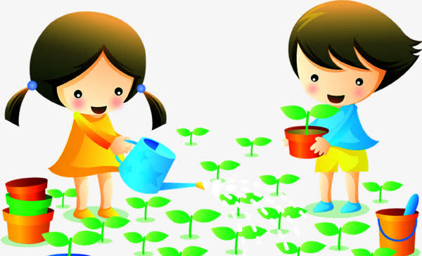 手绘卡通种树人物免抠