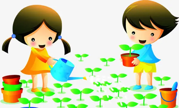 手绘卡通种树人物免抠