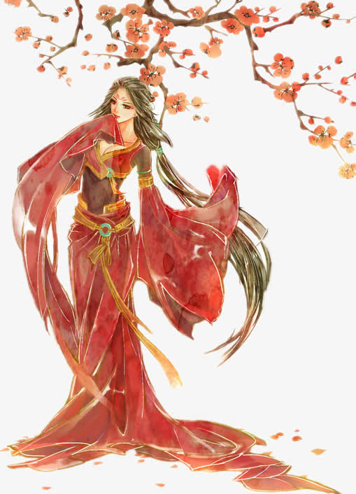 樱花树红衣女子免抠人物免抠