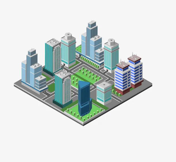 等距城市建筑插画免抠