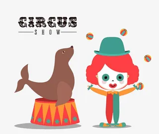 手绘卡通马戏团小丑表演海狮表演免抠