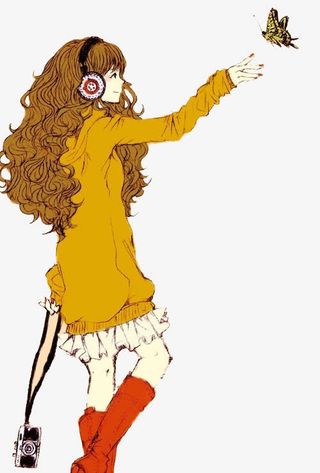 手绘女孩侧面免抠