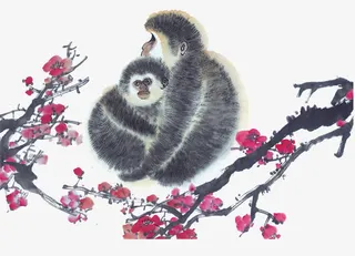 猴子一家水墨画1免抠