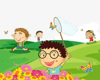 卡通插图草地上扑蝴蝶的孩子们免抠