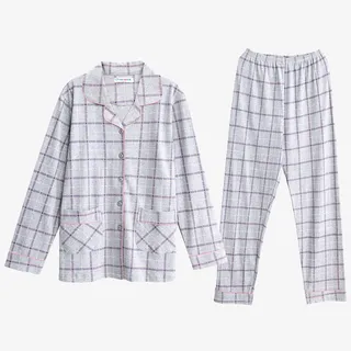 蓝色纯棉长袖可爱开衫睡衣免抠