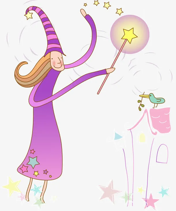 少女女巫线条房屋矢量图免抠