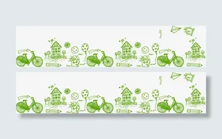 手绘绿色自行车花卉底纹边框免抠