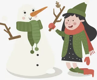 冬季堆雪人的小女孩免抠