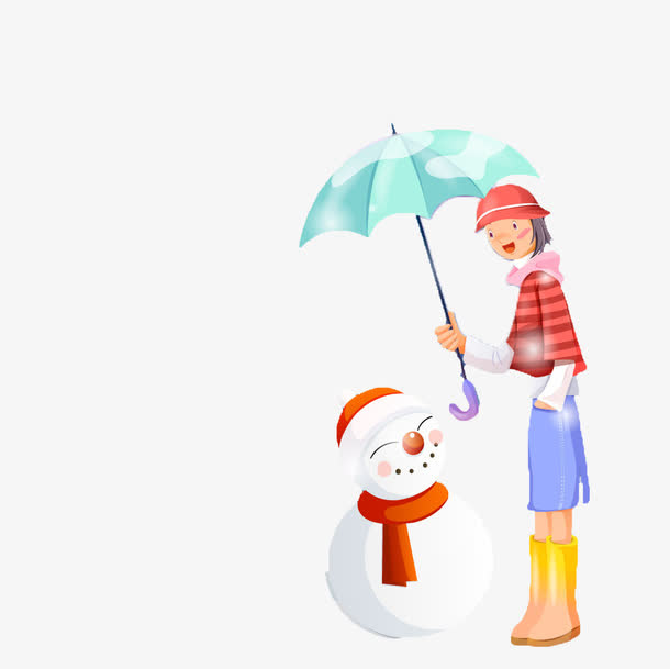 给雪人撑伞女孩免抠