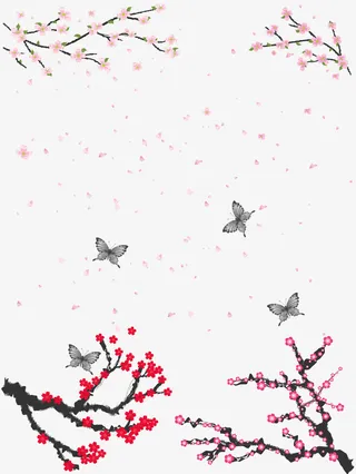 四棵水墨花瓣梅花桃花蝴蝶矢量图免抠