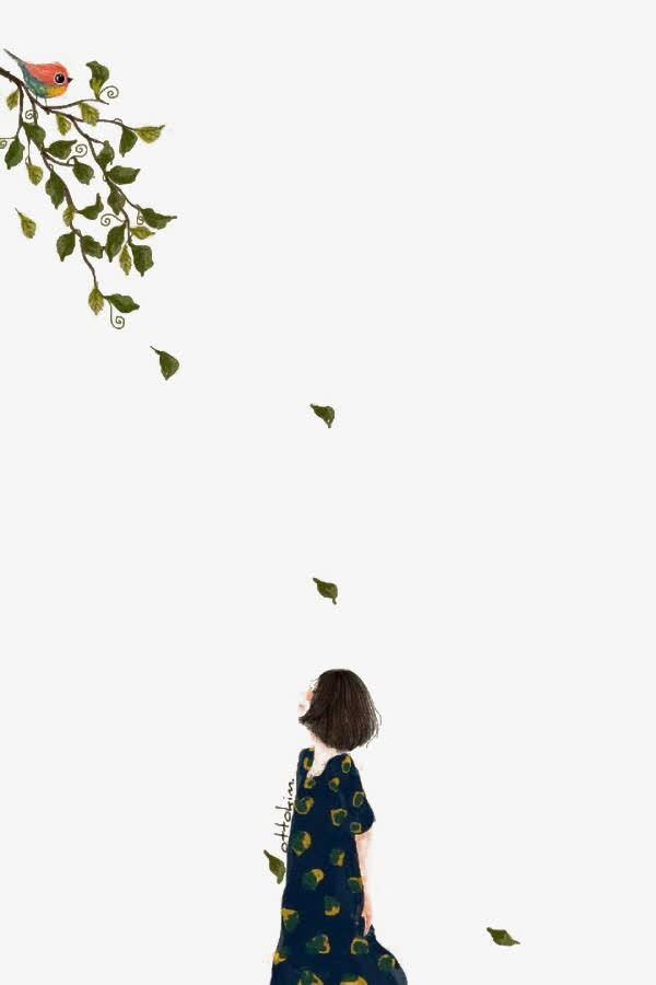 落叶中走过的女孩免抠