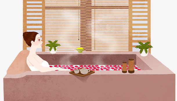 时尚插图美女浴池泡澡花瓣浴免抠