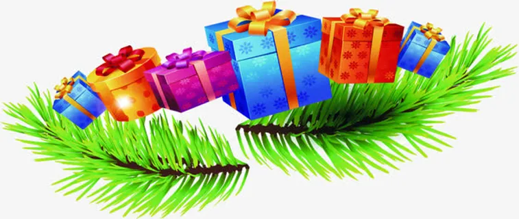 彩色卡通礼盒树枝免抠