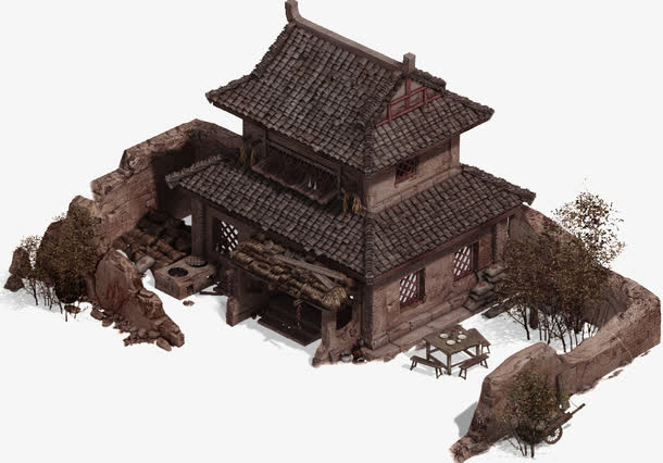 褐色简约古楼装饰图案免抠