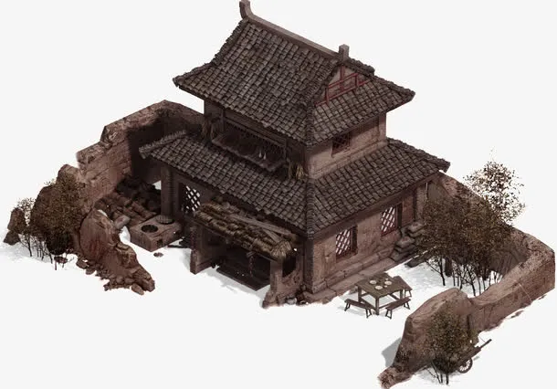 褐色简约古楼装饰图案免抠