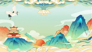 古风国潮仙鹤山水背景免抠