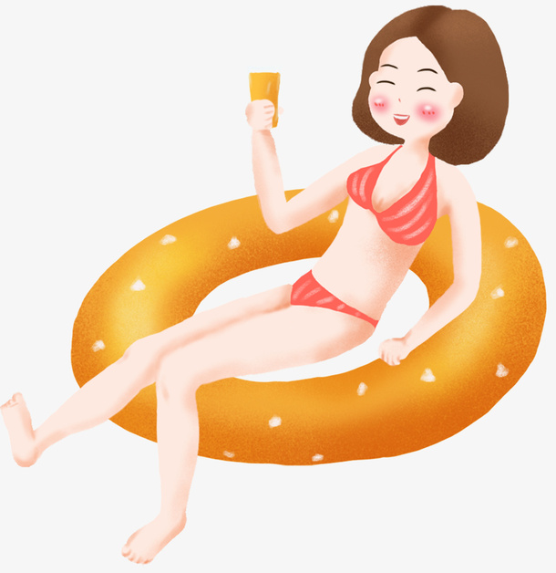 卡通坐在游泳圈上的女孩免抠