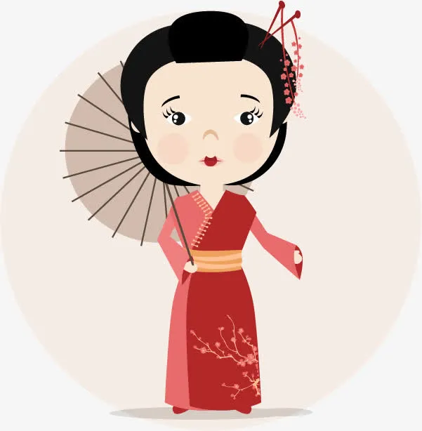 卡通撑伞的日本女子矢量图免抠