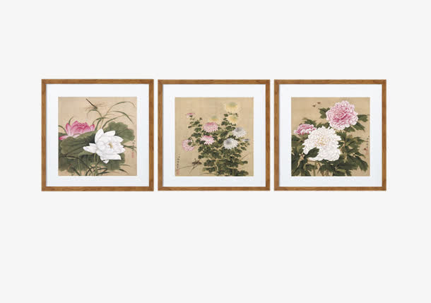 三联式中国风花卉画免抠