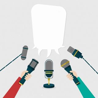 手绘扁平风麦克风提问背景高清