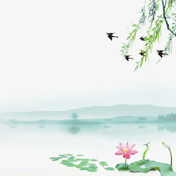 清新文艺荷花湖水插画免抠手绘/卡通手绘元素
