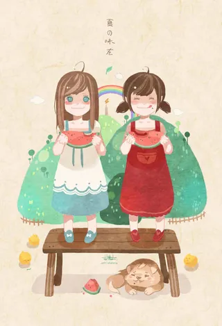 卡通素材小女孩吃西瓜免抠