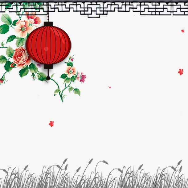 手绘狗尾巴草春节灯笼海报免抠