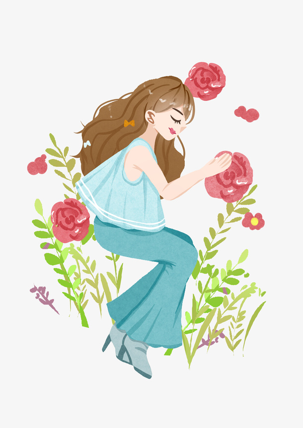 女孩手绘花朵玫瑰免抠