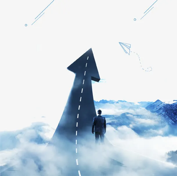 蓝色创意云海箭头海报背景免抠