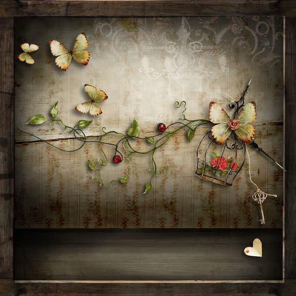 复古花纹与蝴蝶免抠