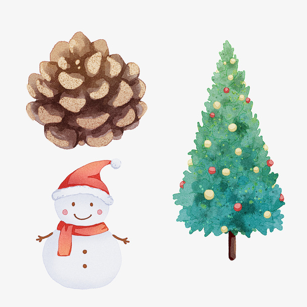 圣诞节卡通手绘雪人松果圣诞树免抠