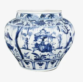 水墨青花宽口大瓷瓶免扣png素材免抠