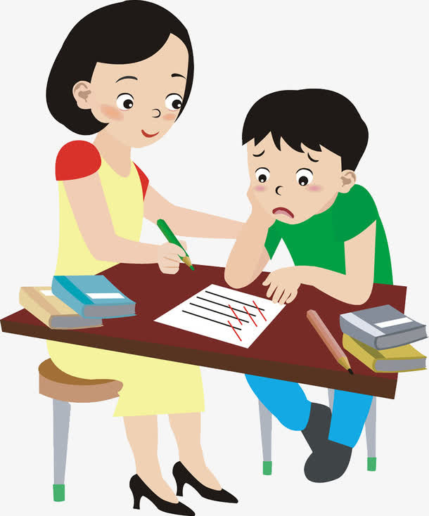 妈妈辅助男孩修改试卷免抠