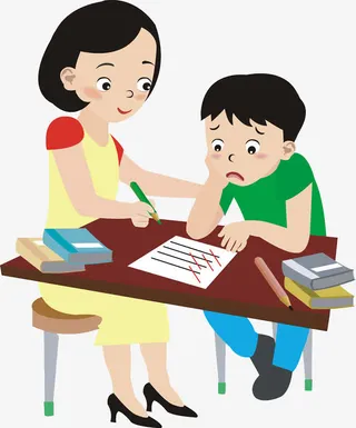 妈妈辅助男孩修改试卷免抠