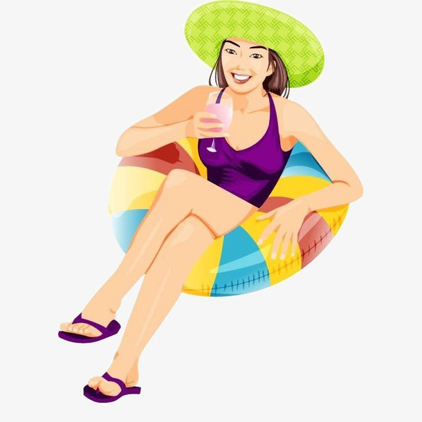 卡通美女坐游泳圈上喝果汁免抠
