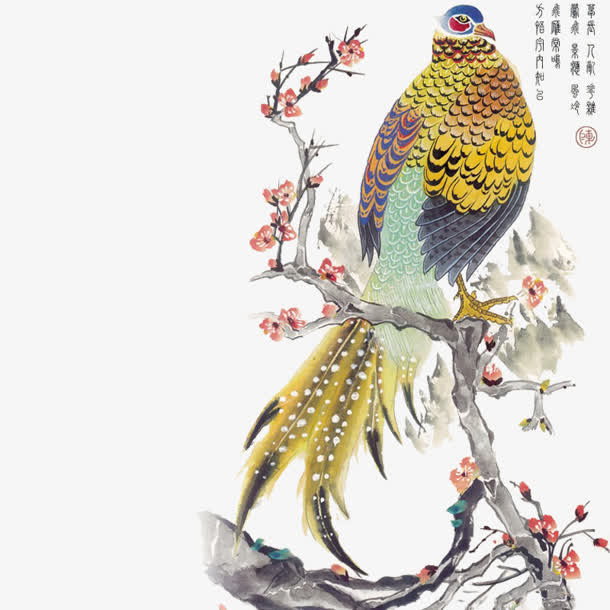 古风彩绘孔雀树枝免抠