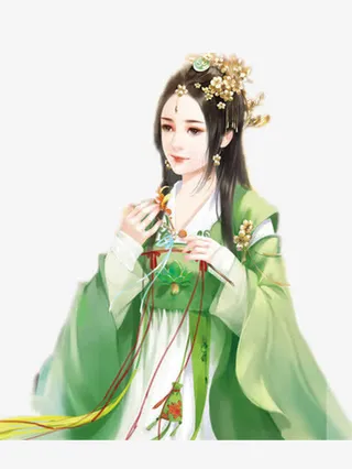 女子绿衣忧郁古风手绘免抠