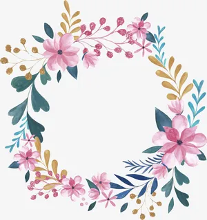 粉红手绘春天花环免抠