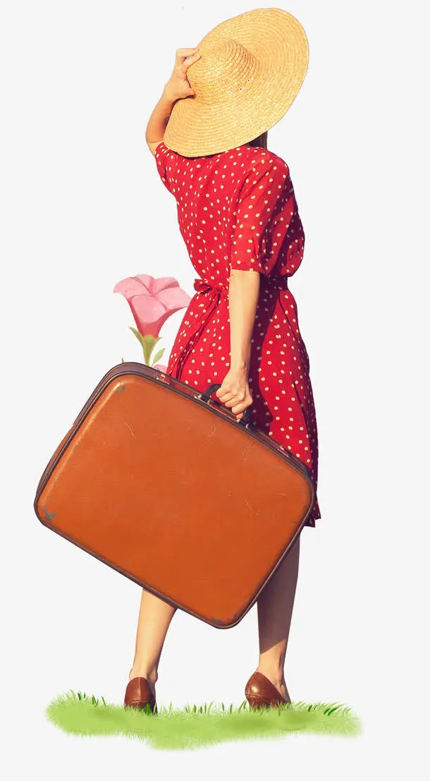 春季女孩背影旅游背景免抠