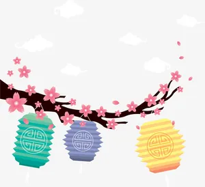 卡通新年装饰桃树与彩灯免抠