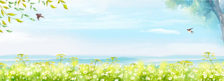 蓝色唯美手绘出游季少女油菜花高清