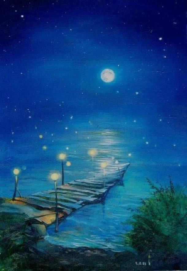 夜空月亮湖面海报背景免抠