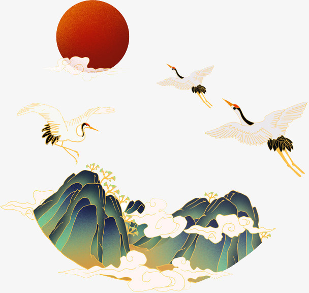国潮仙鹤风景免抠