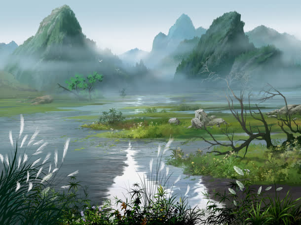 青山绿色草地插画免抠