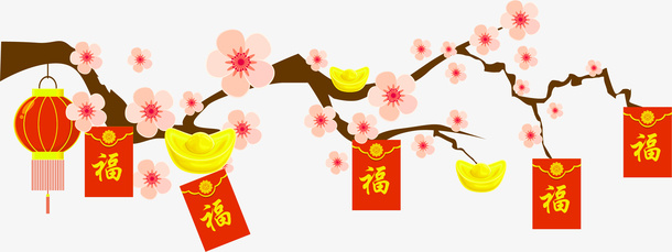 红色中国风花枝红包装饰图案免抠