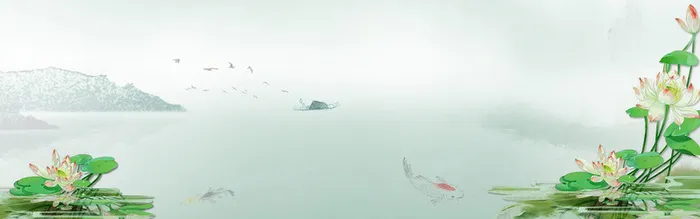 中国风水墨复古湖中莲花banner背景高清