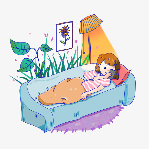 手绘卡通女孩躺在沙发上玩手机免抠