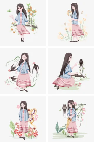春分女孩菜花免抠手绘/卡通手绘元素